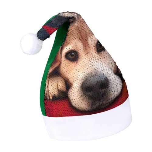 JiuPopular Pailletten-Weihnachtsmütze für Erwachsene, Beagle-Hundehut für verschiedene Feiertagspartys von JiuPopular