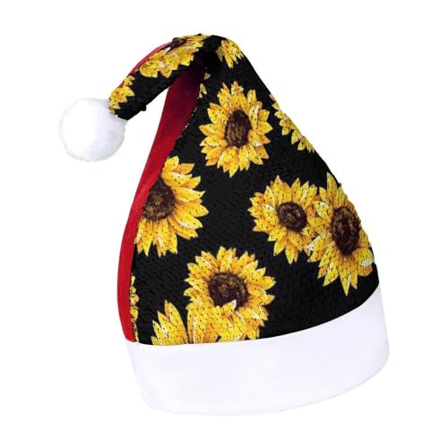 JiuPopular Pailletten-Weihnachtsmütze für Erwachsene, Frühlings-Sonnenblumen, Retro-Blumen-Hut für verschiedene Feiertagspartys von JiuPopular