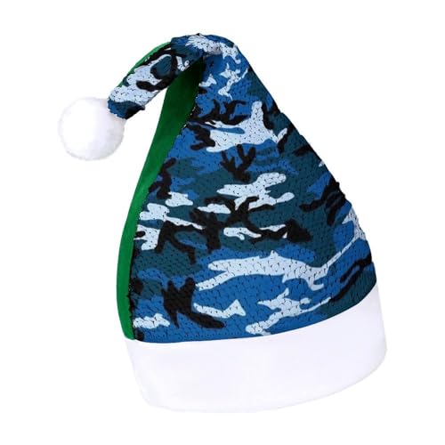 JiuPopular Pailletten-Weihnachtsmütze für Erwachsene, blauer Camouflage-Hut für verschiedene Feiertagsfeiern von JiuPopular