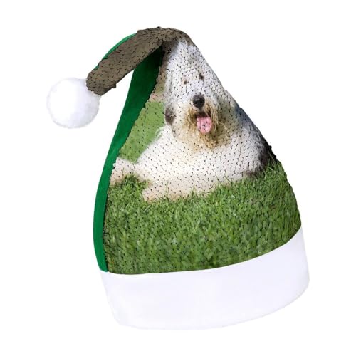 JiuPopular Weihnachtsmütze mit Pailletten für Erwachsene, Old English Sheepdog Hund Hut für verschiedene Feiertagsfeiern von JiuPopular