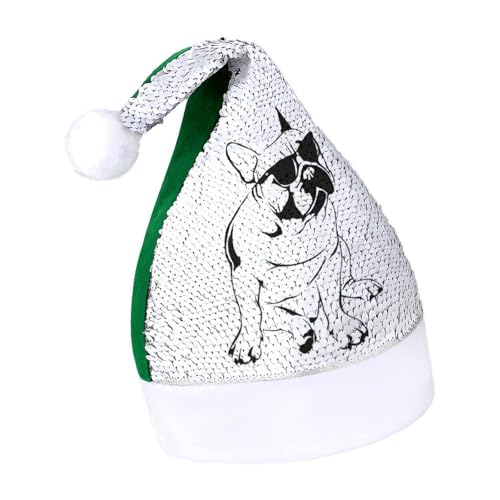 JiuPopular Weihnachtsmütze mit Pailletten für Erwachsene, französische Bulldogge für verschiedene Feiertagsfeiern von JiuPopular