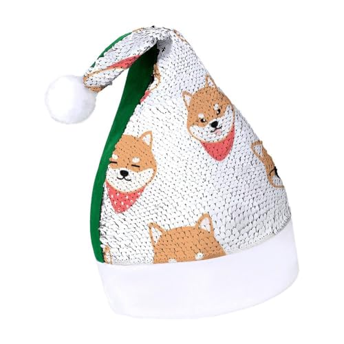 JiuPopular Weihnachtsmütze mit Pailletten für Erwachsene, hübscher Shiba-Lnu-Hundehut für verschiedene Feiertagspartys von JiuPopular