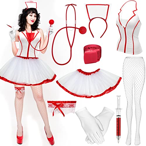 9 Stück Halloween Krankenschwester Kostüm für Frauen Feier Damen Frisky Krankenschwester Zubehör Set Hut Nadel Zylinder Stethoskop Gürtel Strumpfbänder Strumpf für Cosplay von Jiuguva