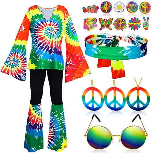 Jiuguva 17-teiliges 60er-/70er-Jahre-Outfit für Damen, Hippie-Kostüm-Set, Disco-Outfit, Kleid, Boho-Schlaghose, Hippie-Hemd, Stirnband (Regenbogen, XXXL) von Jiuguva