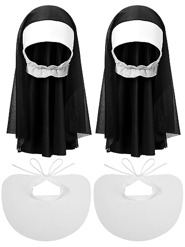 Jiuguva 4 Stück Halloween Nonne Kostüm Set beinhaltet 2 Nonnen Hut und 2 Nonnen Kragen Damen Nonne Kit mit Kopfbedeckung, Schwarz und Weiß von Jiuguva