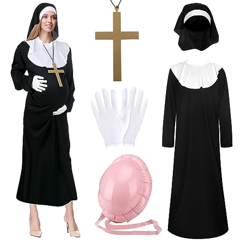 Jiuguva 5 Stück Schwangere Nonne Kostüm katholische Schwester Robe Kragen Schleier Handschuhe Aufblasbar Bauch Kreuz Halskette Halloween Cosplay, Schwarz, Einheitsgröße von Jiuguva