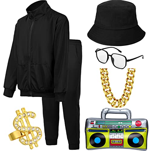 Jiuguva 80er 90er Jahre Hip Hop Kostüme für Männer Rapper Trainingsanzug Schule Sonnenbrille Eimer Hut Aufblasbare Radio Halskette Dollar Ring L Größe von Jiuguva