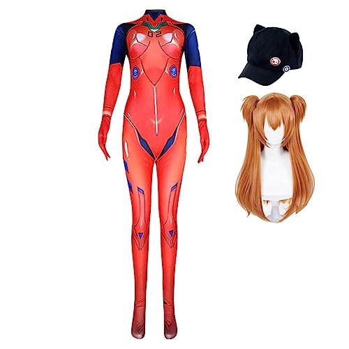 Asuka Langley Soryu Cosplay Kostüm mit Perücken und Hüte Damen Jumpsuit Overall Anime Cosplay Bodysuit Einteiliger Catsuit Karneval Party Bühnenauftritt Kleid von Jiumaocleu