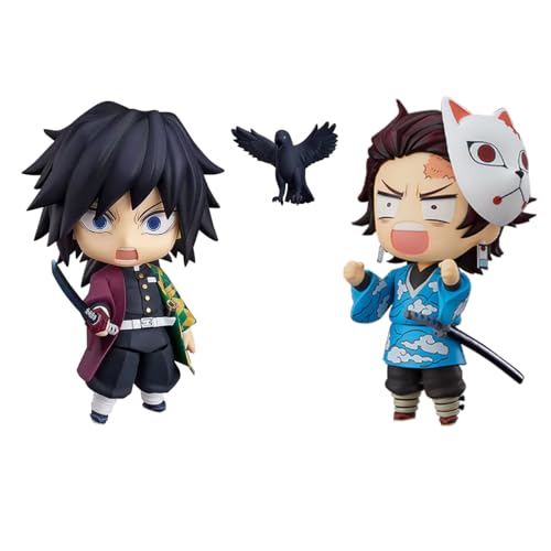 Jiumaocleu 2pcs Kimetsu no Yaiba Figur Kamado Tanjiro und Tomioka Giyuu Actionfigur, 10cm Mini Anime Beweglichen Figuren Statue mit Wechselkopf und Zubehör for Desktop Dekoration von Jiumaocleu