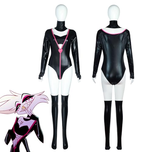 Jiumaocleu Angel Dust Cosplay Jumpsuit Hazbin Hotel Kostüm Schwarz Leder Bodysuit Anime Rollenspiel Dress Up Outfits mit Zubehör für Karneval Party von Jiumaocleu