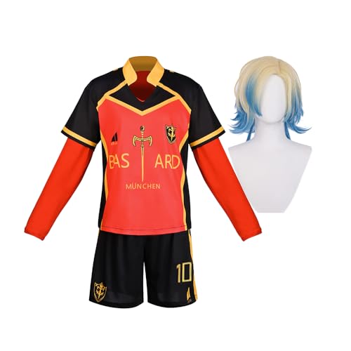 Jiumaocleu Anime Blue Lock Cosplay Kostüm mit Perücke, Nr. 10 Schwarz und Rot Fußballtrikot Sportbekleidung Uniform Trainingsanzug Trainingsanzüge für Fans von Jiumaocleu