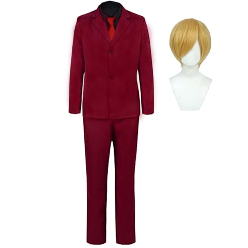 Jiumaocleu Anime Sanji Cosplay Kostüm mit Gelb Perücke, Rot Outfit Anzüge Uniform Top Hosen Komplettes Set Halloween Party Karneval Dress Up Anzug für Fans von Jiumaocleu