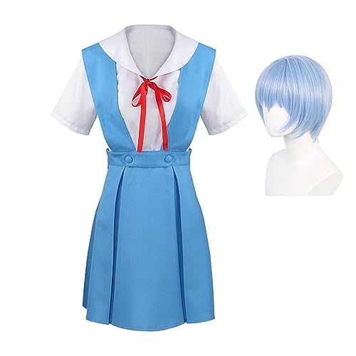 Jiumaocleu Ayanami Rei Cosplay Kostüm Blau Schuluniform mit Perücken Anime Rollenspiel Uniform Kleid Halloween Requisiten Geschenk für Frauen Mädchen von Jiumaocleu