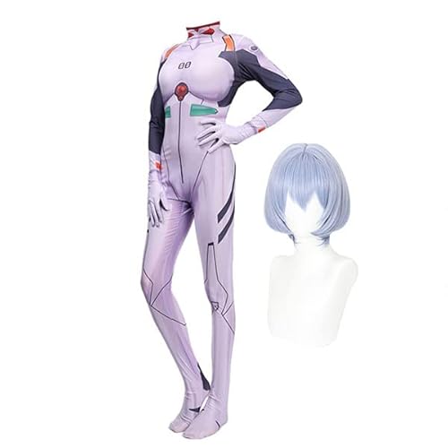 Jiumaocleu Ayanami Rei Rollenspiel Kostüm Overall mit Perücken Damen Jumpsuit Catsuit Anime Cosplay Bodysuit Einteiliger mit Handschuhen für Halloween Party Karneval von Jiumaocleu