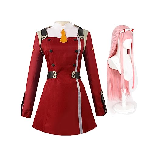 Jiumaocleu Darling in the Franxxx Cosplay Kostüm mit Perücke, Zero Two Rot Uniform Outfits Full Set Rollenspiel Anzug Halloween Party Dress up für Damen Mädchen von Jiumaocleu