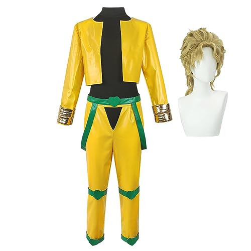 Jiumaocleu Dio Brando Cosplay Kostüm Uniform Anzug mit Perücke Anime Cosplay Gelb Mantel Hose Komplettset Halloween Karneval Verkleidung für Fans von Jiumaocleu