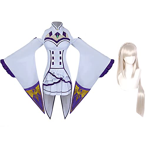 Jiumaocleu Emilia Cosplay Kostüm mit Perücke, komplettes Set Emilia Uniform Outfit Anzüge Kleid Kopfschmuck Ohren Socken Party Karneval Dress Up Zubehör für Mädchen von Jiumaocleu