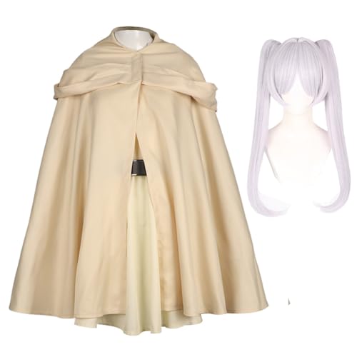 Jiumaocleu Frieren Cosplay Outfit mit Perücke, Frieren: Beyond Journey's End Cosplay Komplettes Set Frieren Cosplay Prop, Umhang, Kleid und Frieren Cosplay Perücke, Anime Rollenspiel mit Zubehör von Jiumaocleu