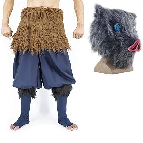 Jiumaocleu Hashibira Inosuke Cosplay Kostüm mit Maske, Anime Charakter Hashibira Inosuke Schürze Plüsch Rock Hose & Maske, Fasching Outfit Cosplay Kleidung von Jiumaocleu