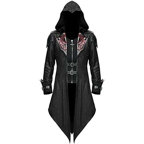 Jiumaocleu Herren Trenchcoat Gothic Kostüm Kapuzenjacke Mittelalterlicher Umhang Viktorianischer Frack Steampunk Mittelalterliche Halloween Maskerade Retro Spleißen Kostüm Mäntel-5XL von Jiumaocleu