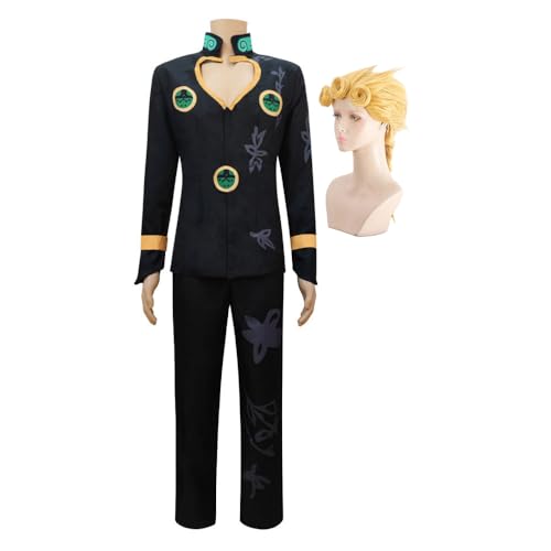 Jiumaocleu JJBA Giorno Giovanna Cosplay Kostüm Outfits Anzug mit Perücke Komplettes Set von Dress Up Uniform für Halloween Karneval Party von Jiumaocleu