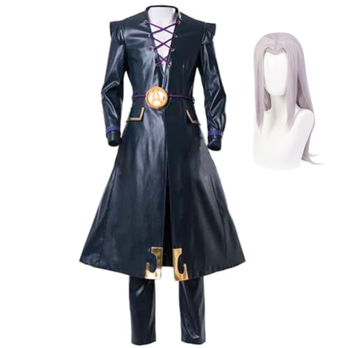 Jiumaocleu JJBA Leone Abbacchio Cosplay-Kostüm mit Perücke, Anime-Cosplay-Outfits, schwarzer Mantel, Hose und Zubehör, komplettes Set von Kleidung für Halloween-Party von Jiumaocleu