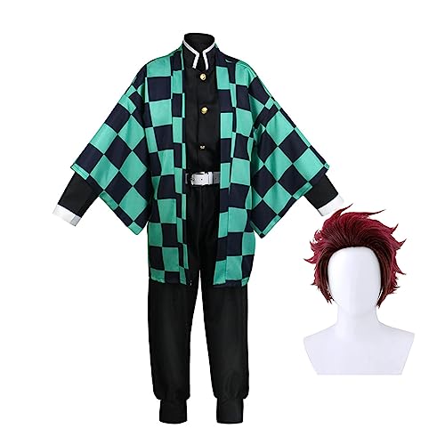 Jiumaocleu Kamado Tanjiro Cosplay Kostüm Outfit Anmie Cosplay Herren Umhang Jacke Rolle Cosplay Komplettes Set Verkleidung Kostüm für Halloween Karneval Party von Jiumaocleu