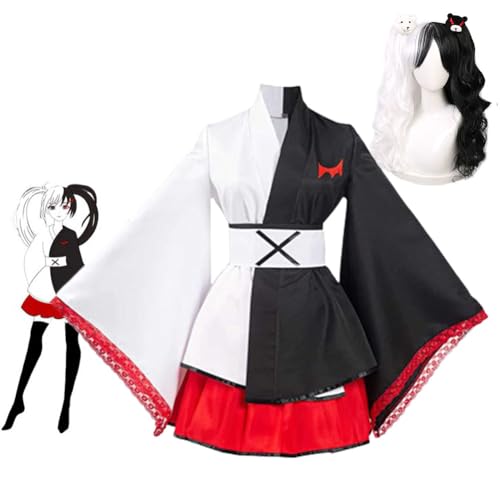 Jiumaocleu Monokuma Kimono Cosplay Kostüm mit Perücke Japanisches Anime Rollenspiel Outfits Schwarz und Weiß Lolita Kleid Halloween Verkleidung für Mädchen Frauen von Jiumaocleu