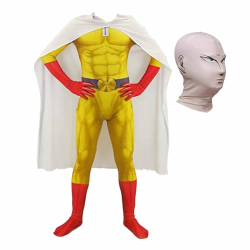 Jiumaocleu One Punch Man Cosplay Saitama Kostüm Jumpsuit mit Maske, Saitama Bodysuit Overall Outfits Cosplay Prop Halloween Carnival Rollenspiel Kostüm für Fans von Jiumaocleu