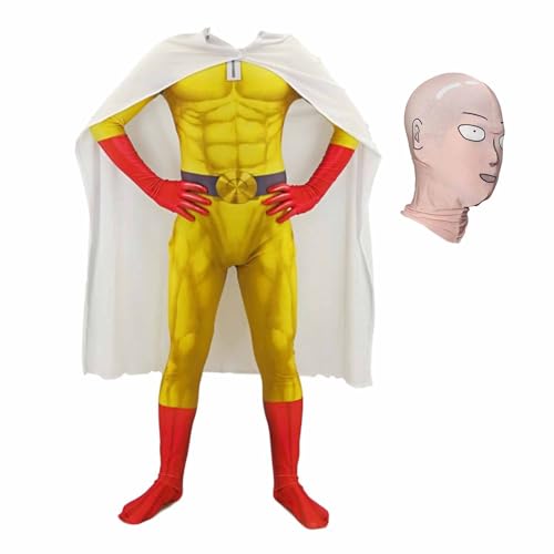 Jiumaocleu One Punch Man Cosplay Saitama Kostüm Jumpsuit mit Maske, Saitama Bodysuit Overall Outfits Cosplay Prop Halloween Carnival Rollenspiel Kostüm für Fans von Jiumaocleu