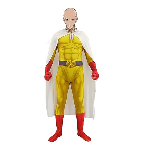 Jiumaocleu One Punch Man Cosplay Saitama Kostüm Jumpsuit mit Maske, Saitama Bodysuit Overall Outfits Cosplay Prop Halloween Carnival Rollenspiel Kostüm für Fans von Jiumaocleu