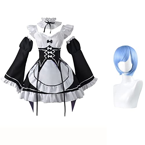 Jiumaocleu Rem and Ram Cosplay-Kostüm mit Perücke, Anime-komplettes Set von Dienstmädchen-Outfit, kurzer Rock, Uniform-Anzüge mit Zubehör, Party, Karneval, Verkleiden für Mädchen von Jiumaocleu