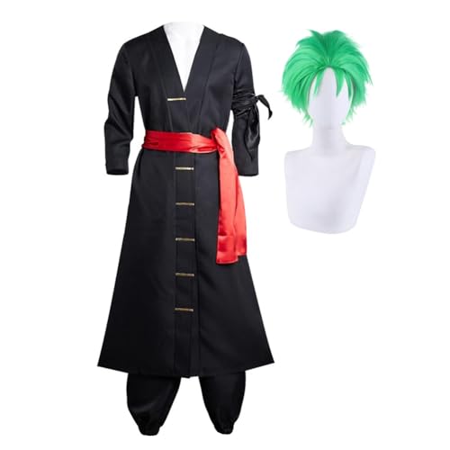 Jiumaocleu Roronoa Zoro Cosplay Kostüm Outfit mit Grüne Perücke, Nach 2 Jahren Wano Country Zorro Schwarz Kimono Anzüge Halloween Cosplay für Fans von Jiumaocleu