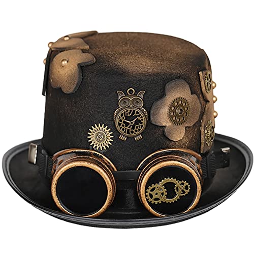 Mittelalterlicher Steampunk-Hut mit Brille und Zahnrädern, Vintage Punk Zylinderhut Gothic Kopfbedeckung Halloween Party Verkleidung Zubehör von Jiumaocleu