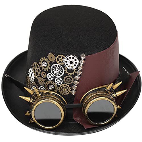 Mittelalterlicher Steampunk-Hut mit Brille und Zahnrädern, Vintage Punk Zylinderhut Gothic Kopfbedeckung Halloween Party Verkleidung Zubehör von Jiumaocleu