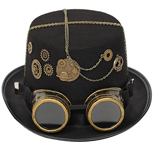 Mittelalterlicher Steampunk-Hut mit Brille und Zahnrädern, Vintage Punk Zylinderhut Gothic Kopfbedeckung Halloween Party Verkleidung Zubehör von Jiumaocleu