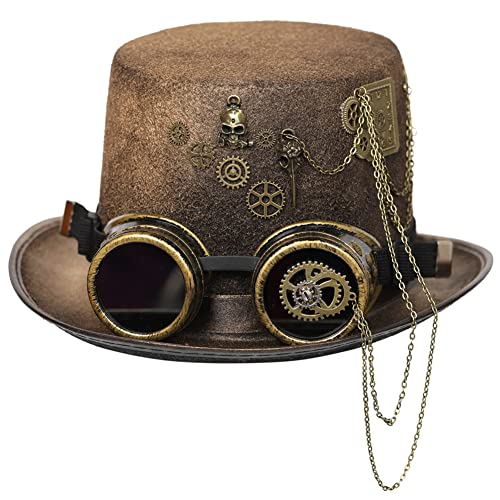 Mittelalterlicher Steampunk-Hut mit Brille und Zahnrädern, Vintage Punk Zylinderhut Gothic Kopfbedeckung Halloween Party Verkleidung Zubehör von Jiumaocleu