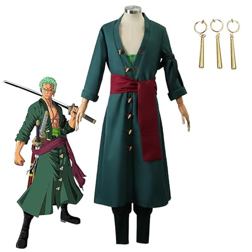 Roronoa Zoro Cosplay Kostüm Outfit mit Grün Perücke, Nach 2 Jahren Wano Country Zorro Grün Kimono Anzüge, Mantel + Hose + Taillenband + Gürtel + Turban + Ohrringe, Halloween Kostüm für Fans, Größe S von Jiumaocleu