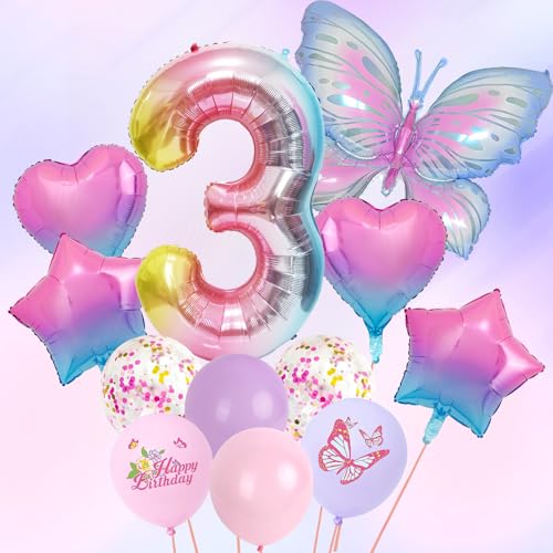 Lila Deko Geburtstag Mädchen, Lila Schmetterling Folienballons 12 Stück 12 Zoll Pastell Lila Rosa Luftballon Zahl 3 Luftballon Geburtstagsdeko Mädchen Set für 3 Jahre Mädchen Geburtstag Deko Babyparty von Jiusely