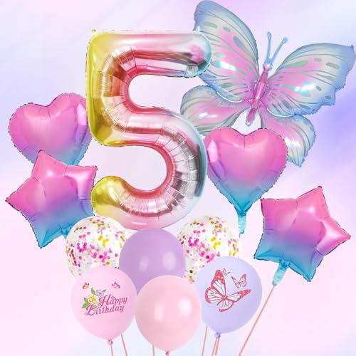 Lila Deko Geburtstag Mädchen, Lila Schmetterling Folienballons 12 Stück 12 Zoll Pastell Lila Rosa Luftballon Zahl 5 Luftballon Geburtstagsdeko Mädchen Set für 5 Jahre Mädchen Geburtstag Deko Babyparty von Jiusely