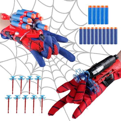 Jiuwtence 2 Set Spider Launcher Handschuh, 3 Arten von Darts, Helden Spielzeughandschuh, für Kinder Cosplay Glove Launcher, Handgelenk Spielzeug Set, Web Shooter, Kids Spider Hero Handschuhe von Jiuwtence