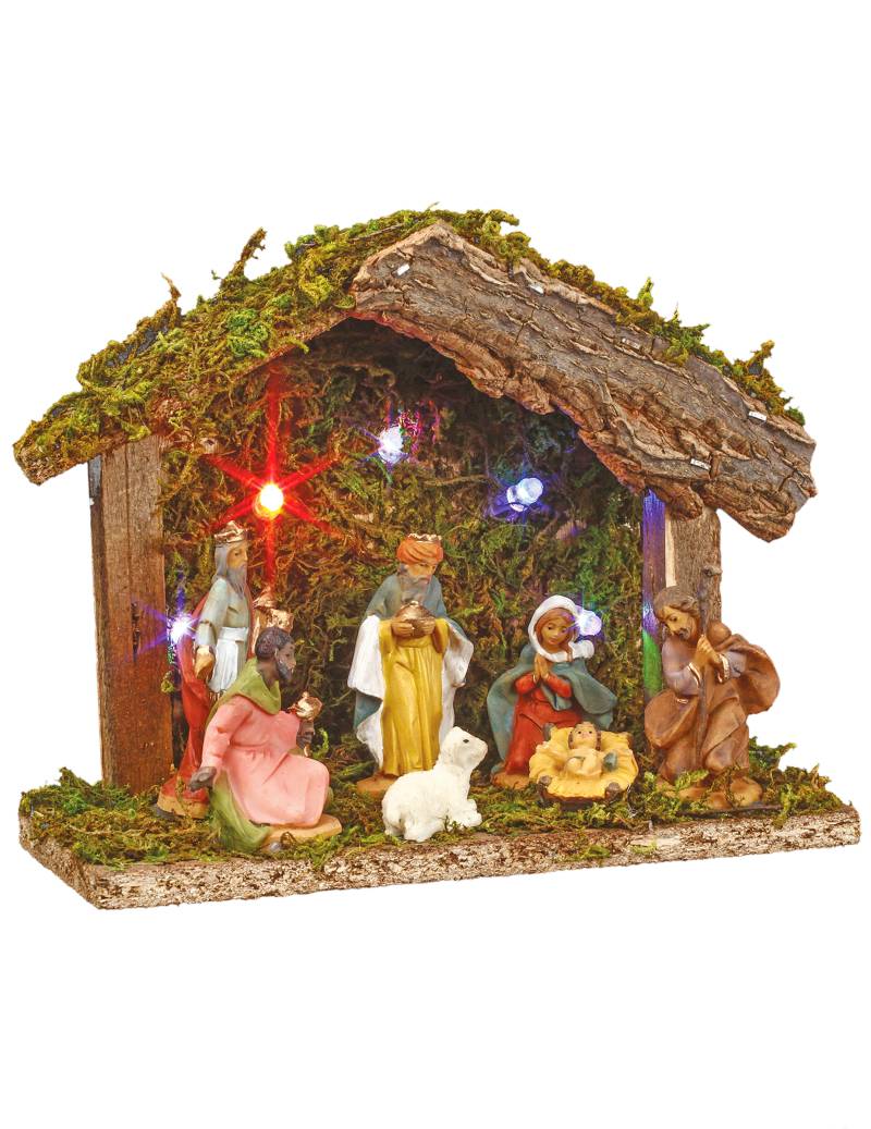 Weihnachtliche Krippe mit sieben Krippenfiguren 5 LEDs Weihnachtsdeko bunt 13,5 cm von JJA