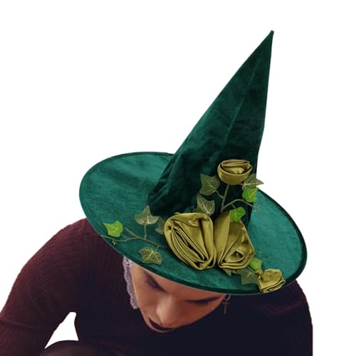 Grüner Hexenhut Für Erwachsene - Hexenhut Grün,wizard Caps Kopfbedeckung Zubehör | Kostüm Blumenrankendekor Grüner Zaubererhut Zaubererkostümhut Geschmeidiger Hexenhut Halloween-Hut Für Cosplay von Jlobnyiun