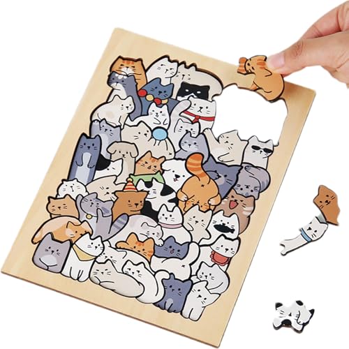 Katzenförmiges Puzzlespielzeug, Tierpuzzles | 50-teiliges Holz-Tier-Katzen-Puzzle-Set | Pädagogische Frühlernaktivitäten, dekorative Puzzles für kognitive Entwicklung und Spaß von Jlobnyiun