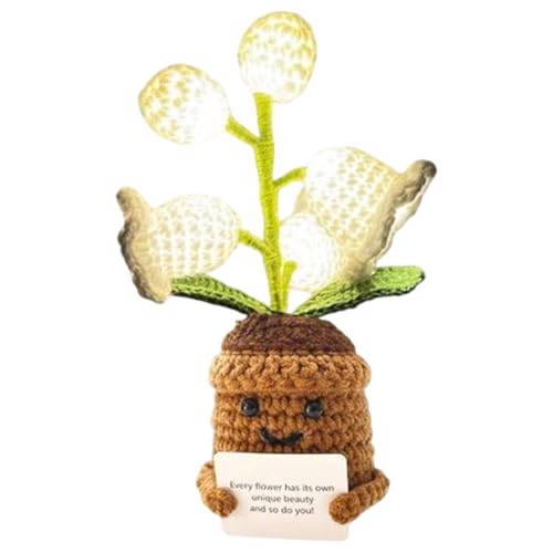 Joalpysm Positiver Blumentopf mit Lampe, Emotionale Unterstützung Plüsch Häkeln Maiglöckchen Nachtlicht, Gestrickter Blumentopf mit Ermutigungskarte für Raumdekoration von Joalpysm