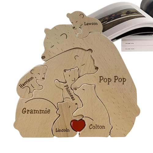 Holzbären-Familienpuzzle, 4/7 Familienmitglieder, Personalisiertes Holzbärenpuzzle, Kunsttier-Puzzleskulptur Für Heimdekoration, Mit Namen Anpassbares Holzpuzzle, Tierförmige Bärenpuzzles Für Geschenk von Joberio