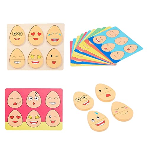 Holzpuzzle für Kleinkinder, 3er-Pack Eiform-Puzzle 3D-Holzwürfel-Blockspielzeug mit 12 Karten für Kinder, Montessori-Bildungs-Emoticon-Zuordnungsspiel für 2-jährige Jungen und Mädchen von Joberio