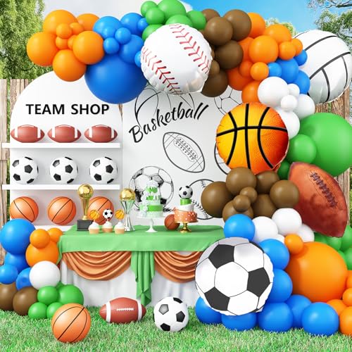 115 Stück Luftballon Girlande Sport Blau Grün Orange Braun Weiß Ballon Girlande Basketball Fußball Baseball Volleyball Folienballon Sport Luftballons für Mann Junge Kinder Sport Geburtstag Party Deko von Jobkoo