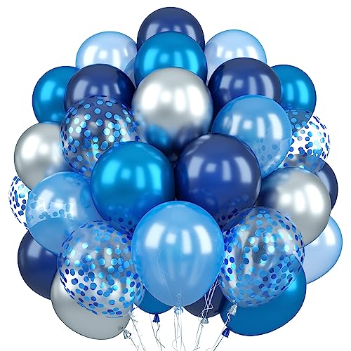 60 Stück Blau Silber Luftballons, 12 Zoll Silber Dunkel Marine Blau Perlblau Party Ballons mit Metallic Silber Blau Konfetti Helium Latexballons für Geburtstag Hochzeit Verlobung Babyparty Dekoration von Jobkoo