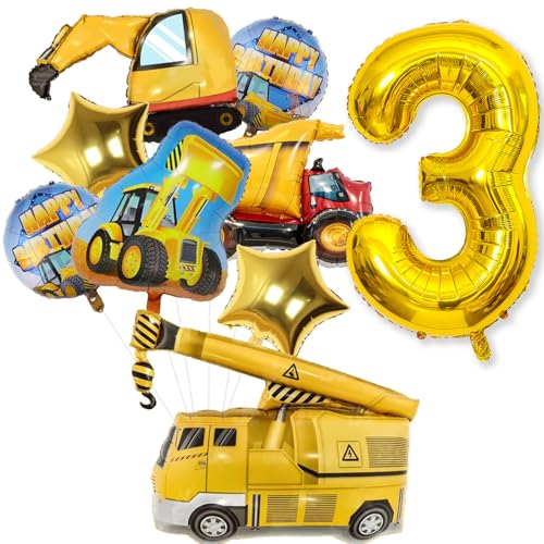 Bagger Geburtstag Deko 3 Jahre, Baustellen Deko kindergeburtstag 3 mit Bagger Luftballons XXL Ballon 3. Geburtstag Druck Luftballons Happy Birthday Folienballons für Bagger Geburtstagsdeko 3. Junge von Jobkoo